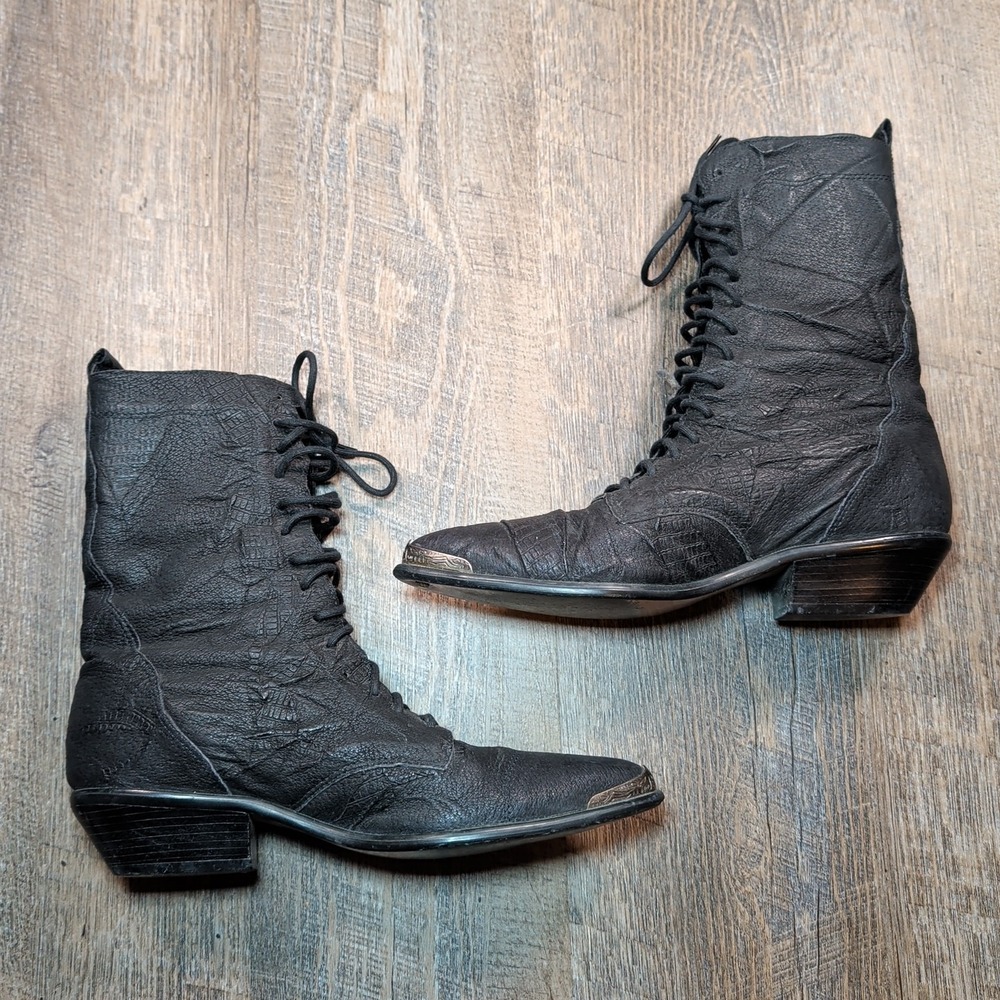 Acme Vintage 90s Rhianon Black Leather Lace Up Cowboy Western Boots Size 6 M - Picture 7 of 14